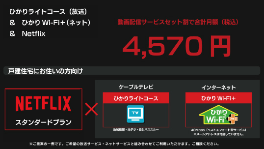 4,570円|Netflix+ひかりライトコース(放送)+ひかりWi-Fi+(ネット) 4,570円|Netflix+ひかりライトコース(放送)+ひかりWi-Fi+(ネット)