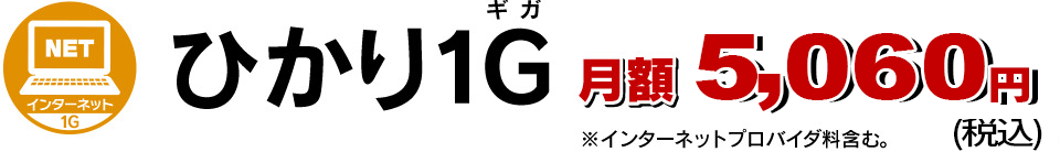 ひかり1G（ギガ）月額5,100円　※インターネットプロバイダ料含む。（税込5,508円）